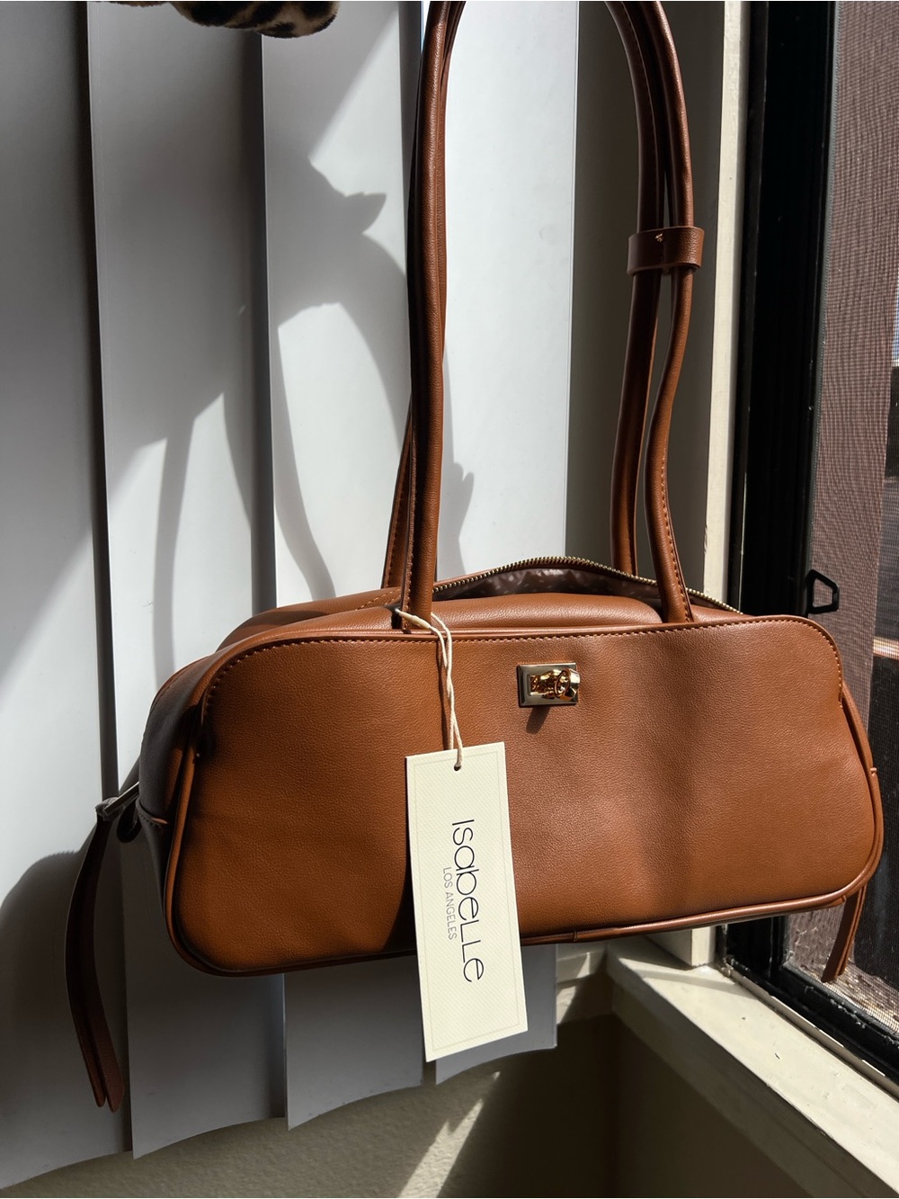 Isabelle Tan Vegan Leather Shoulder Baguette Bag with Gold Accent